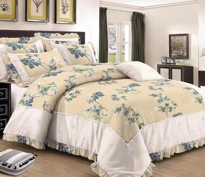 ROSELY 8 PC BORDER LACE COMFORTER SET ( beige+white , flower designs )