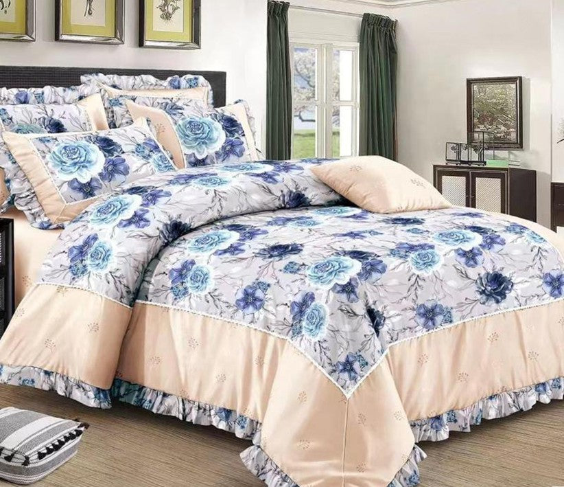 ROSELY 8 PC BORDER LACE COMFORTER SET ( blue+cream , flower designs )