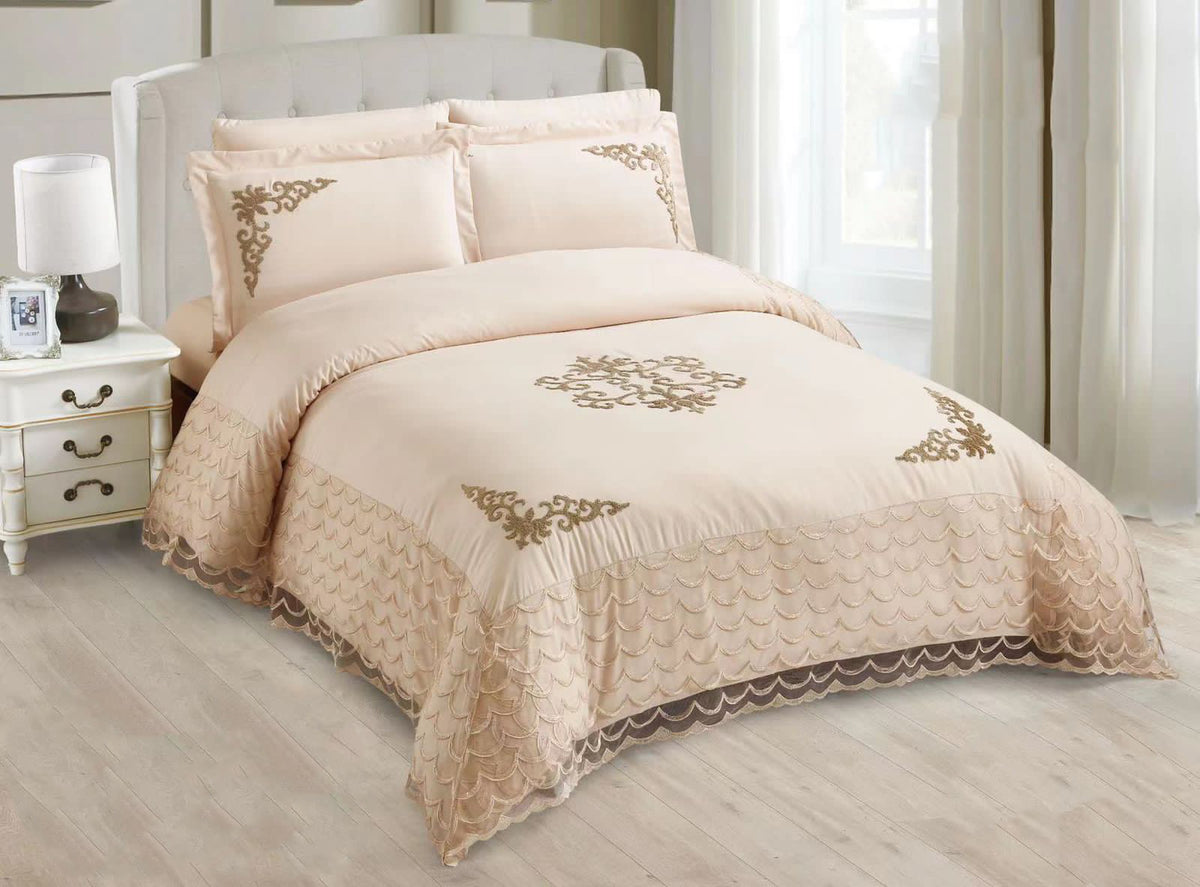 ENGLANCE 10 PC LACE  EMBROIDERED COMFORTER SET ( CREAM+GOLD )