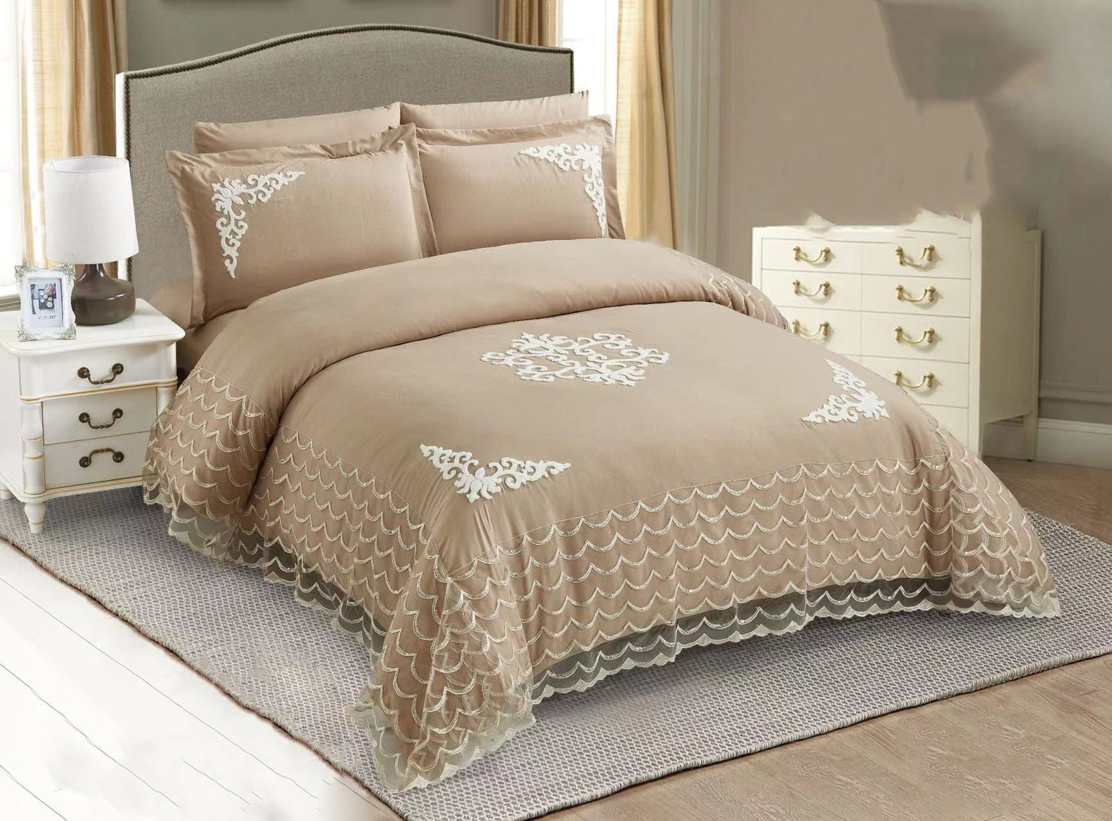 ENGLANCE 10 PC LACE  EMBROIDERED COMFORTER SET ( DARK BEIGE )