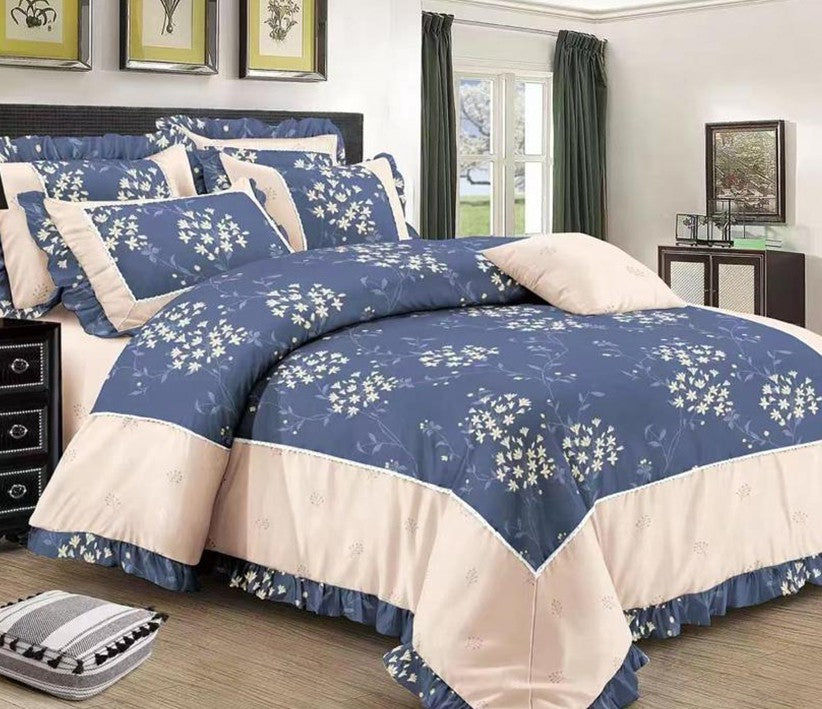 ROSELY 8 PC BORDER LACE COMFORTER SET (dark blue+cream , flower designs )