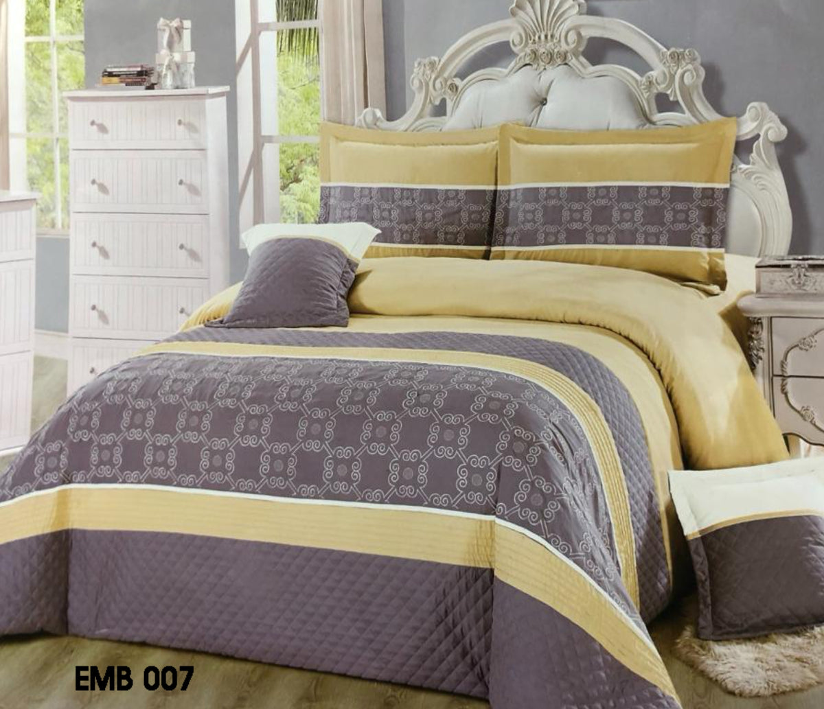 ROSELY 8 PC EMBROIDERED COMFORTER SET (Yellow + Gray )