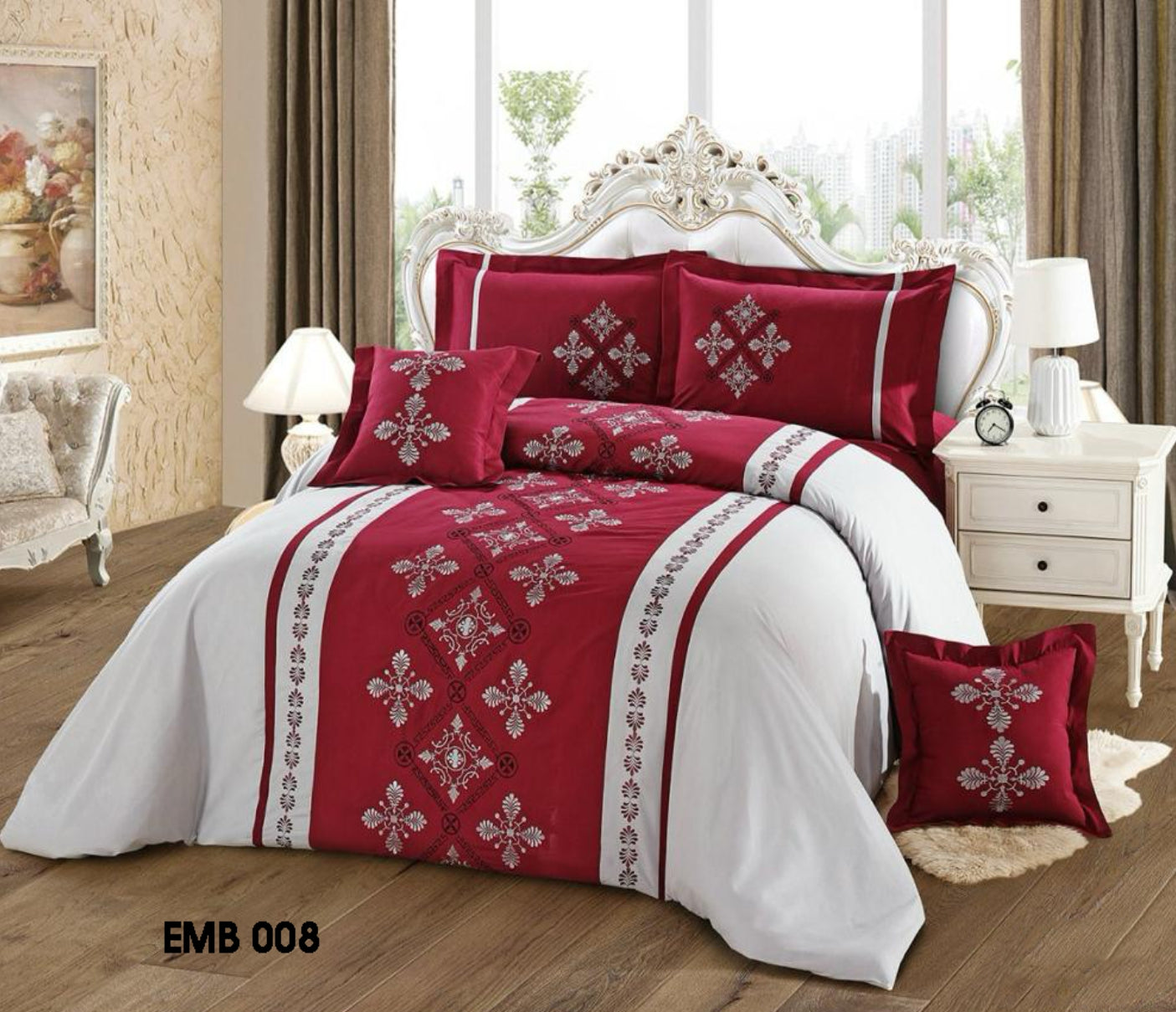 ROSELY 8 PC EMBROIDERED COMFORTER SET ( White + Red )